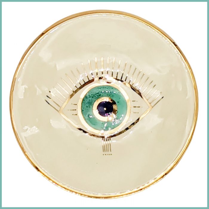 Kleine runder Teller mit sehendem Auge 15cm Auge mit Wimpern Ansicht von oben