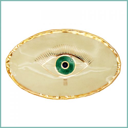 Ovaler Servierteller mit sehendem Auge und goldfarbener Umrandung 17,5 x 27,5cm Ansicht von oben
