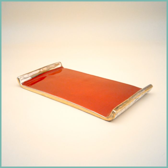 echteckiges Tablett mit goldfarbener Umrandung 15 x 23cm Rot